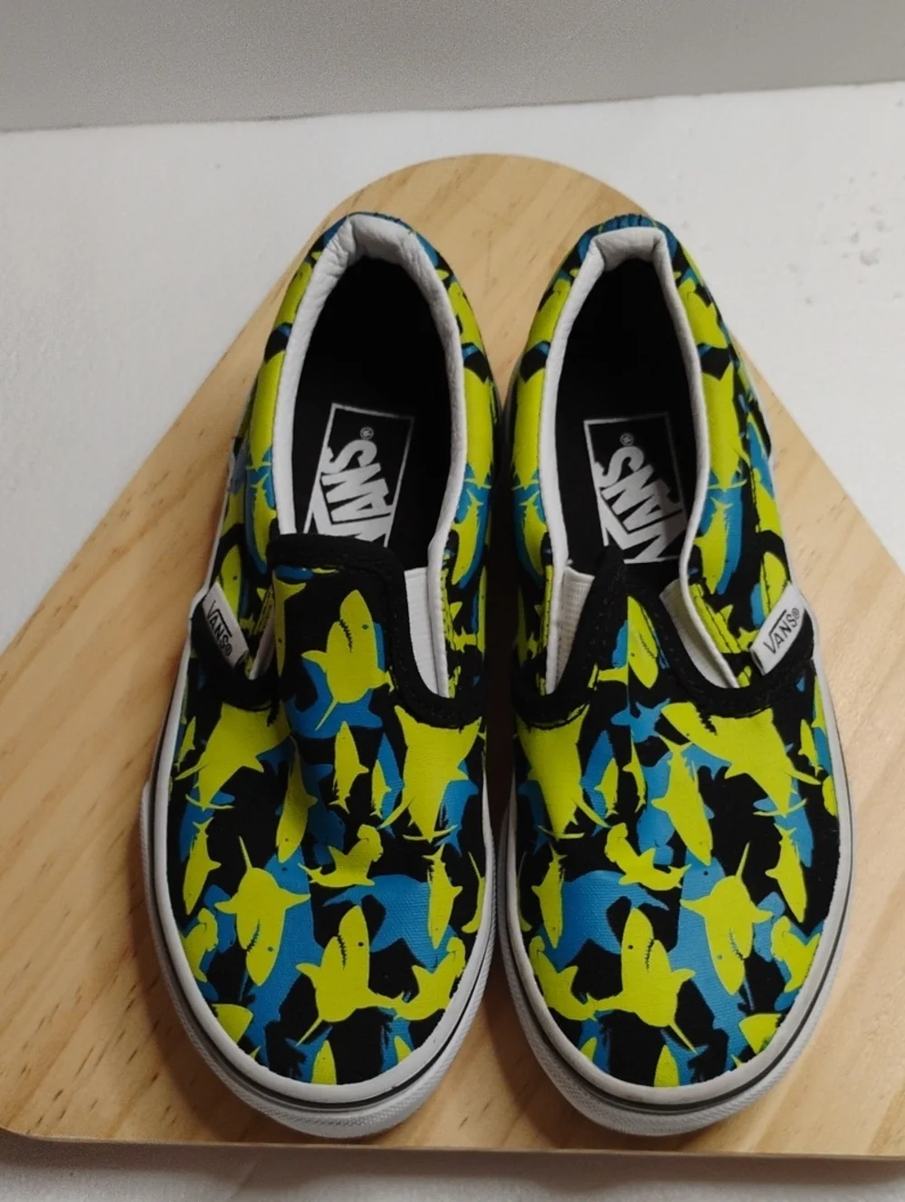 Vans Kids Slip-On Sneakers in Neon Yellow, Blue & Black Shark Motif